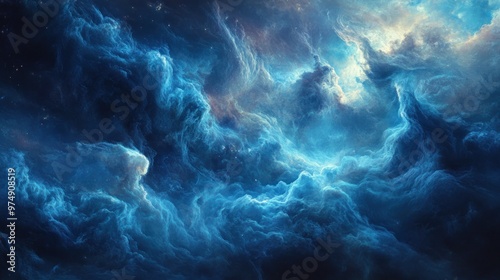 Cosmic Nebula with Swirling Blue and White Clouds