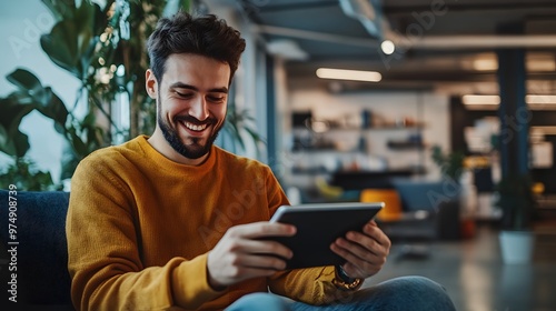 A Man Smiles While Using A Tablet In An Office