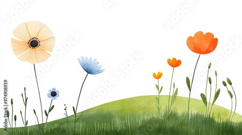 Fototapeta Naklejka Na Ścianę i Meble -  Childish Doodle Style Flower Meadow, featuring whimsical flowers and green grass with a simple white background.
