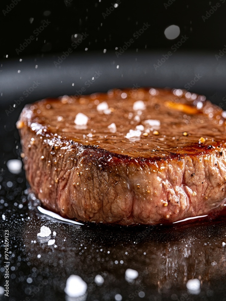 Close-up of a perfectly cooked steak with salt sprinkled on top, showcasing its juicy and flavorful texture. The steak is resting on a black surface, reflecting the light and creating a delicious scen Close-up of a perfectly cooked steak with salt sprinkled on top, showcasing its juicy and flavorful texture. The steak is resting on a black surface, reflecting the light and creating a delicious scen