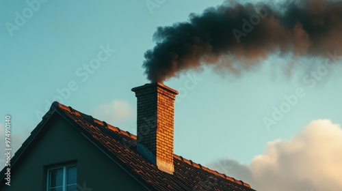 Brick chimney releasing black smoke into the atmosphere from residential home photo