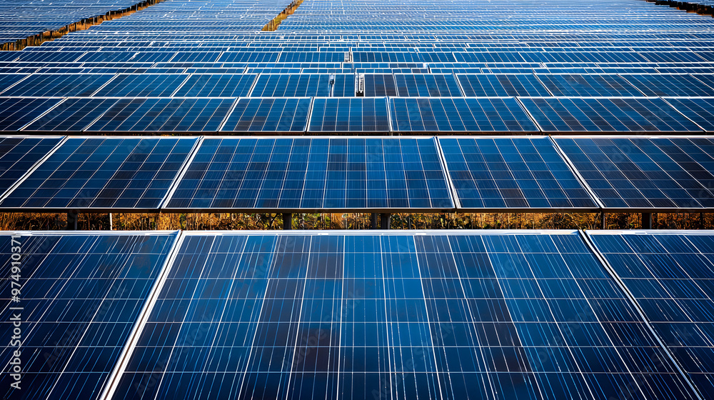 A large scale solar farm featuring numerous solar panels arranged in rows, capturing sunlight for renewable energy. vast expanse of blue panels reflects commitment to sustainability and clean energy s A large scale solar farm featuring numerous solar panels arranged in rows, capturing sunlight for renewable energy. vast expanse of blue panels reflects commitment to sustainability and clean energy s