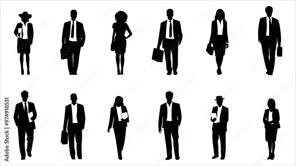 Vector style Silhouettes of diverse casual business people standing, walking, men, women full length. Business concept. Black monochrome Vector illustrations isolated on white background Vector style Silhouettes of diverse casual business people standing, walking, men, women full length. Business concept. Black monochrome Vector illustrations isolated on white background
