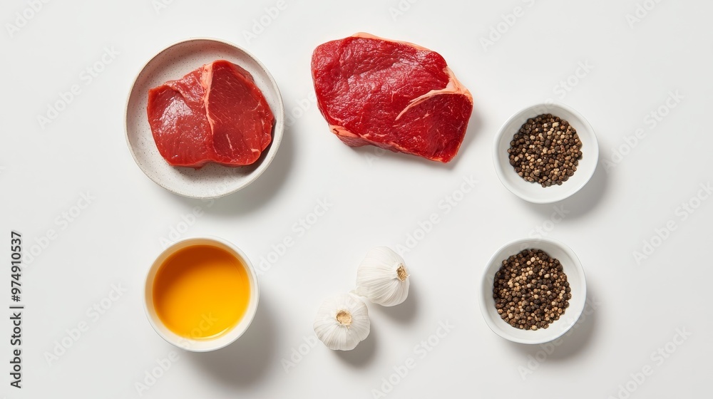 Fototapeta premium Steak Bites Ingredients: Fresh beef, garlic, peppercorns, and oil are laid out on a white background. The simple ingredients create a delicious and flavorful meal.