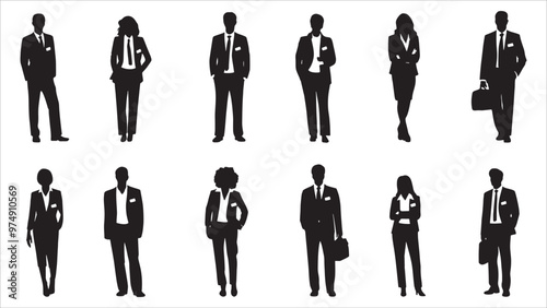 Vector style Silhouettes of diverse casual business people standing, walking, men, women full length. Business concept. Black monochrome Vector illustrations isolated on white background