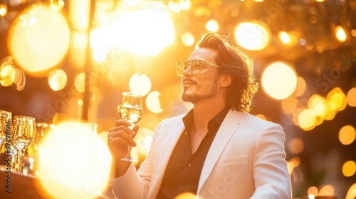 A stylish man enjoys a drink, surrounded by warm lights, celebrating a special moment in an elegant outdoor setting.