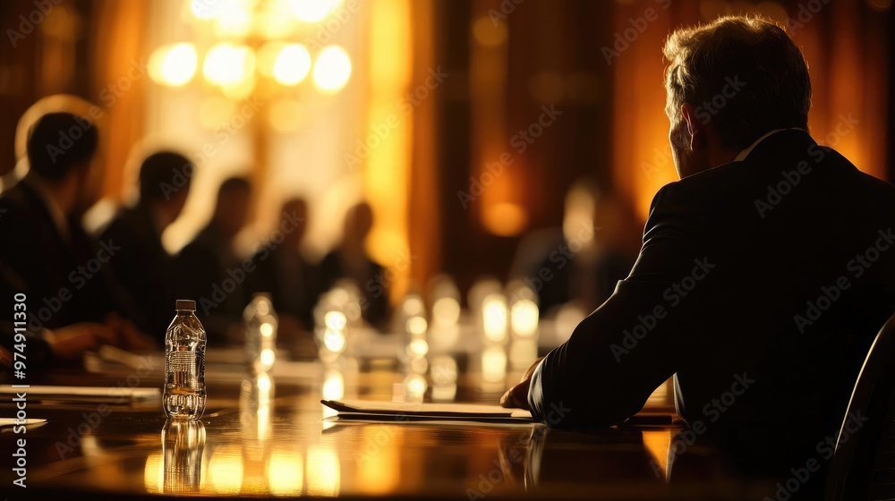 A silhouette of a businessman in a meeting with blurred attendees in the background, capturing a moment of corporate discussion. A silhouette of a businessman in a meeting with blurred attendees in the background, capturing a moment of corporate discussion.