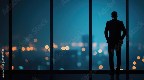 A businessman stands by a window, overlooking a city skyline illuminated by evening lights, embodying contemplation and ambition.