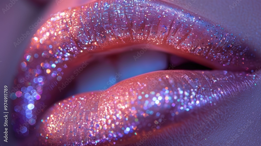 Close-up of woman's lips with shimmering glitter makeup. Close-up of woman's lips with shimmering glitter makeup.