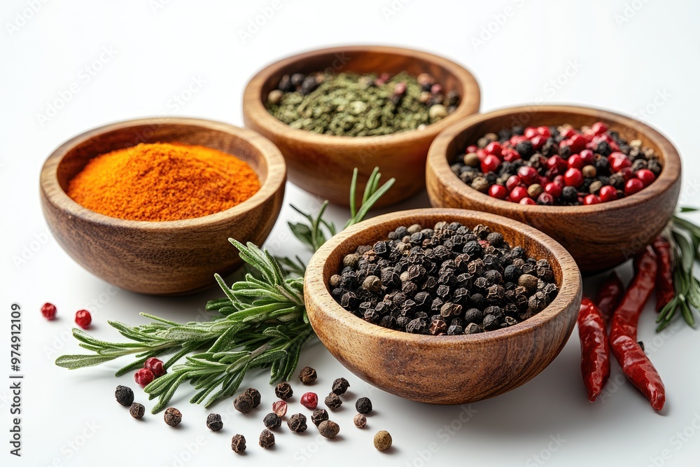 Colorful spices and herbs sitting in wooden bowls on white background Colorful spices and herbs sitting in wooden bowls on white background