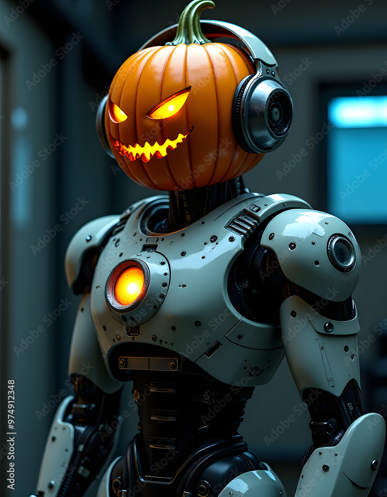 Fototapeta premium А futuristic humanoid robot with a Halloween pumpkin head, whose eyes and mouth glow with a mystical orange color.