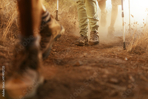 Hiking boots on a dusty trail close-up photo