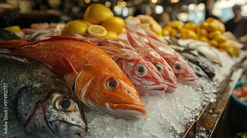 Fresh fish resting on ice at the fish market