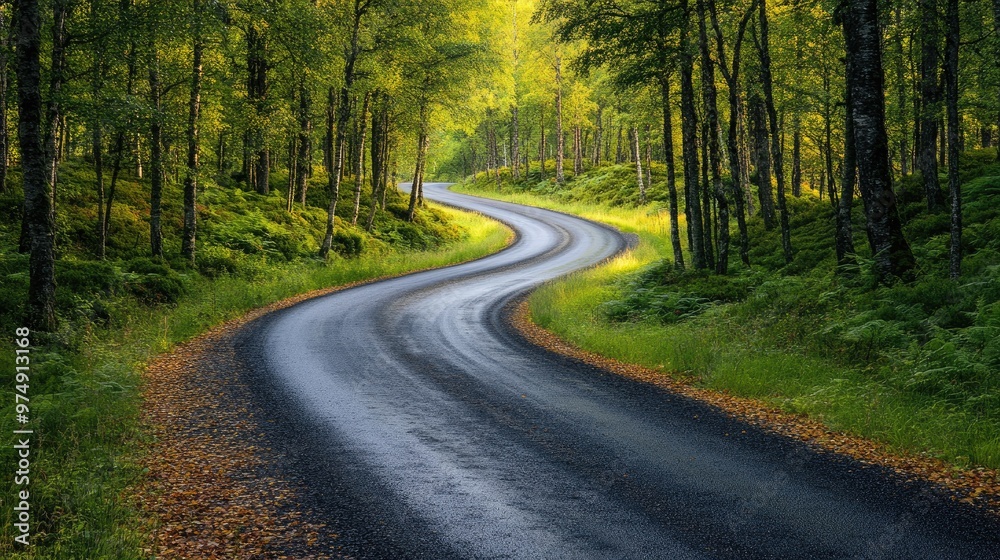 Fototapeta premium Winding empty road leading through green forest in summer