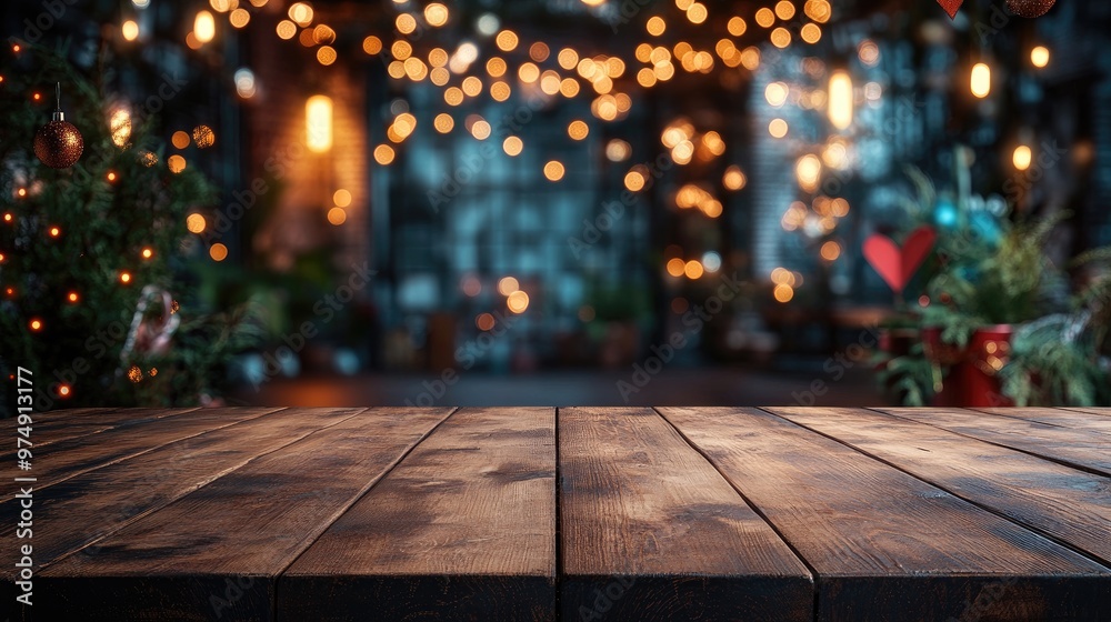 Empty wooden tabletop with festive lights and decorations providing copy space for product placement Empty wooden tabletop with festive lights and decorations providing copy space for product placement