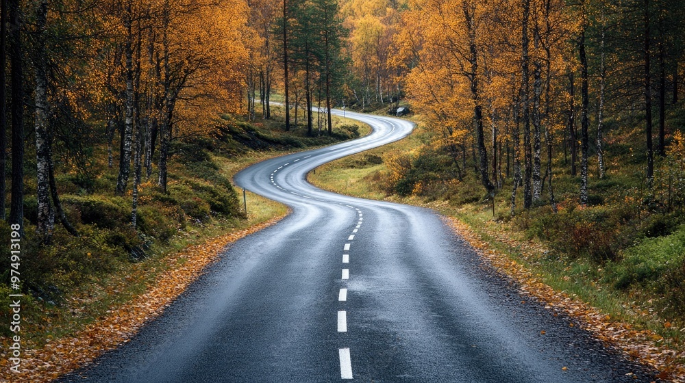Winding road passing through a forest in autumn Winding road passing through a forest in autumn