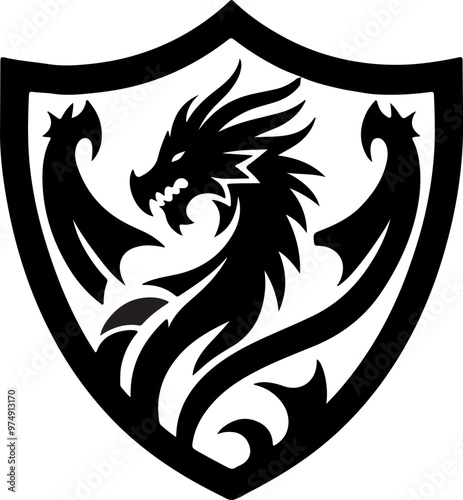 Shield logo with dragon vector silhouette illustration, generative AI