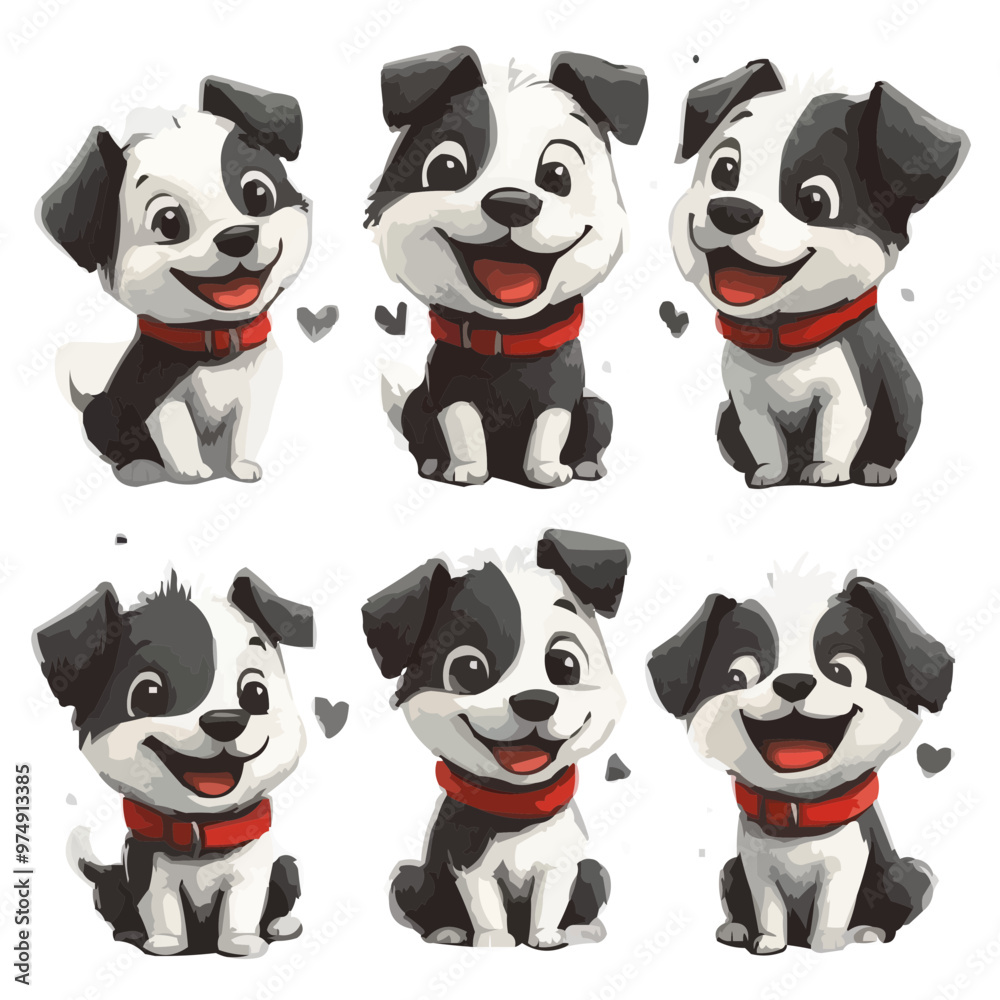 Playful black and white puppies with expressive faces and red collars. friendly nature. For children’s products, illustrations, branding. Whitout background. Small hearts. Playful black and white puppies with expressive faces and red collars. friendly nature. For children’s products, illustrations, branding. Whitout background. Small hearts.