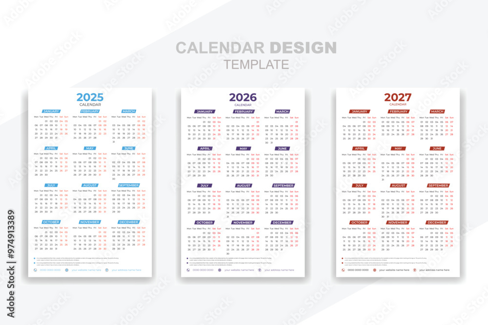 Calendar template 2025 , 2026, 2027 year set collection creative simple design Calendar template 2025 , 2026, 2027 year set collection creative simple design
