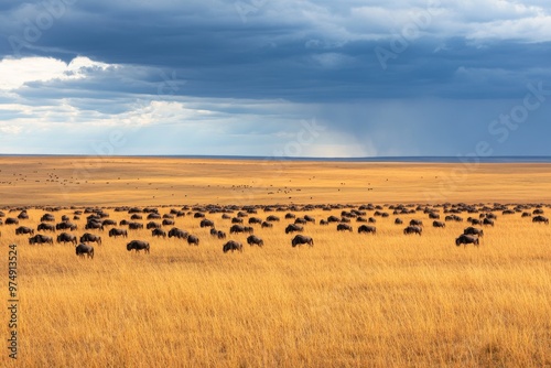 Herd of Wildebeests Grazing in the Vast African Savanna Under Stormy Skies photo