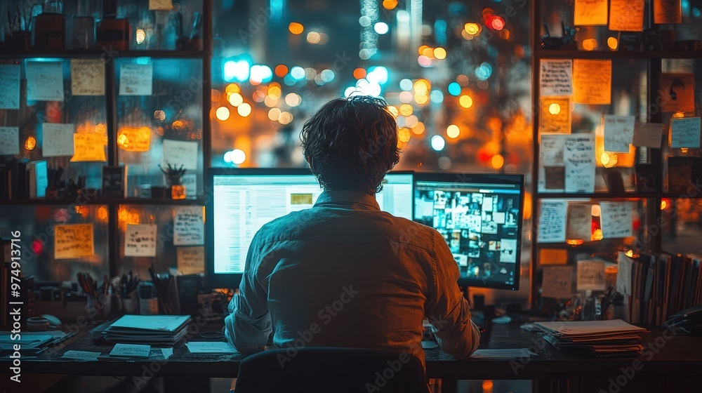 A man sitting at a desk in a dimly lit room, monitoring security camera feeds on a wall A man sitting at a desk in a dimly lit room, monitoring security camera feeds on a wall