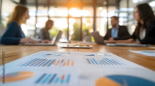 Blurred Business Meeting with Graphs and Charts on Table photo