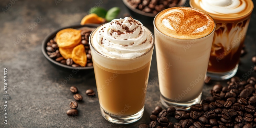 Three glasses of coffee with different toppings, surrounded by coffee beans. Three glasses of coffee with different toppings, surrounded by coffee beans.