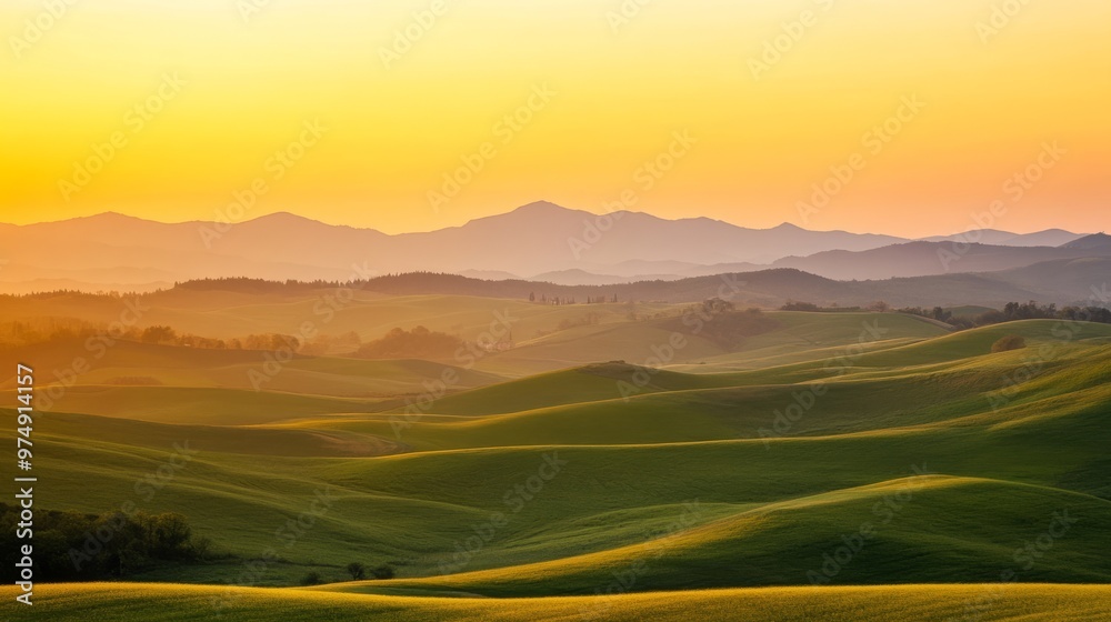 Fototapeta premium Yellow sunset over rolling hills, warm and serene,