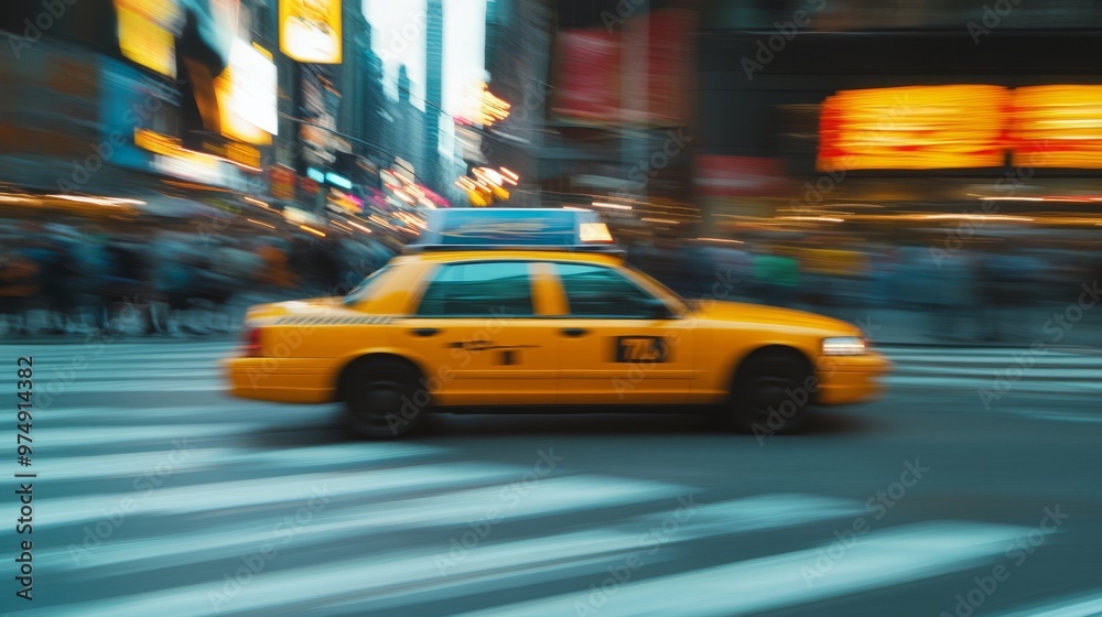 Yellow taxi speeding through a busy street, captured in motion, Yellow taxi speeding through a busy street, captured in motion,