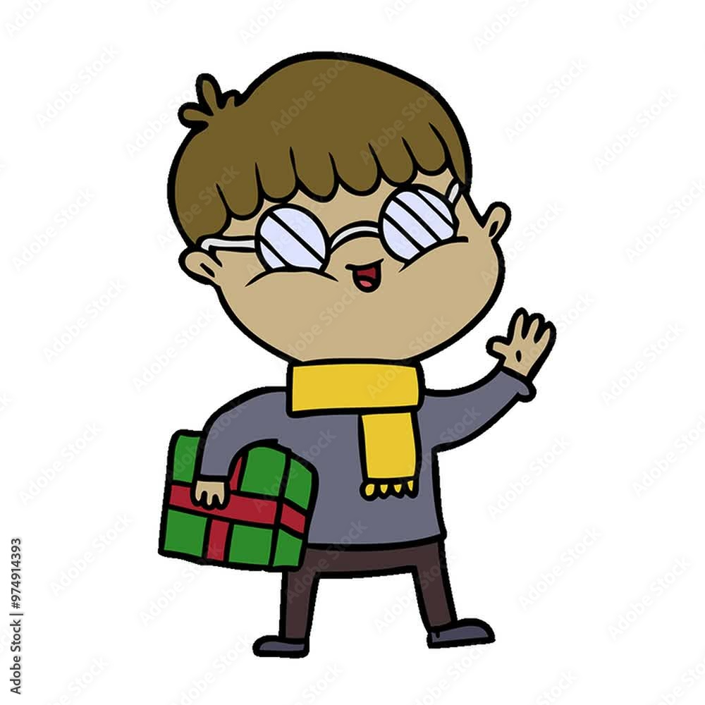 cartoon boy wearing spectacles carrying gift cartoon boy wearing spectacles carrying gift