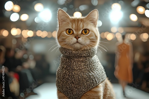 Cat on runway wearing stylish sweater during fashion show event photo