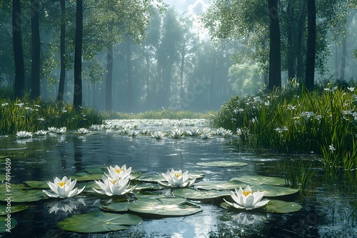 Serene water lilies bloom on a tranquil pond in a misty forest photo