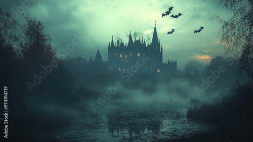 Scary haunted castle or mansion in foggy forest at Halloween night, spooky old house in dark woods. Theme of horror, mist, medieval, bat, background