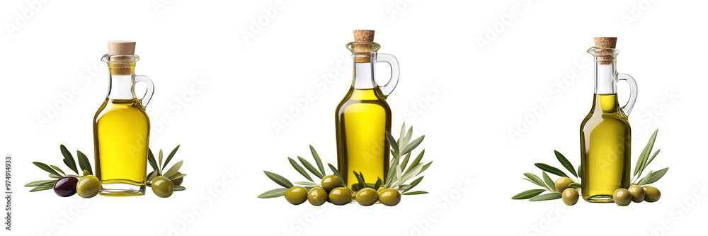 set of bottles of oil and olives isolated on transparent background