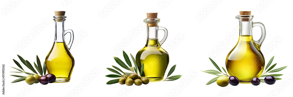 set of bottles of oil and olives isolated on transparent background set of bottles of oil and olives isolated on transparent background