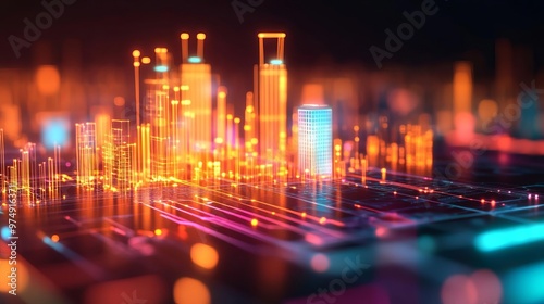 Holographic smart city grid, energy management interface, futuristic urban design