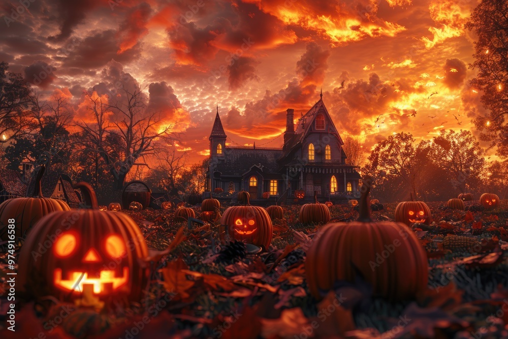 Haunted Mansion Surrounded by Carved Pumpkins at Sunset.. Haunted Mansion Surrounded by Carved Pumpkins at Sunset..
