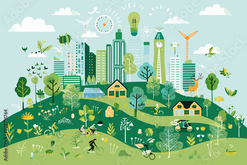 Green infrastructure and sustainable lifestyle practices, tiny person collection set. Eco-friendly transportation and renewable power sources vector illustration.