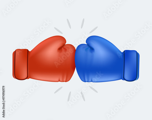 Two boxing gloves hitting one another isolated on background. Box sparring, box match or tournament concept with red