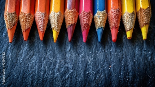 A row of colorful, sharpened pencils arranged on a slate background.
