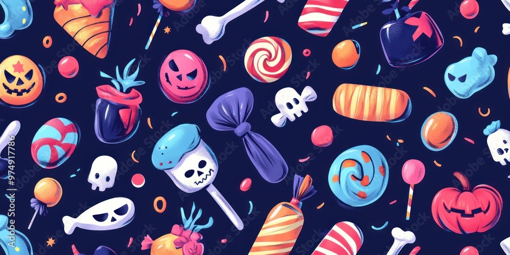 Naklejka premium Seamless pattern with Halloween candy, sweets, and skulls on a dark blue background.