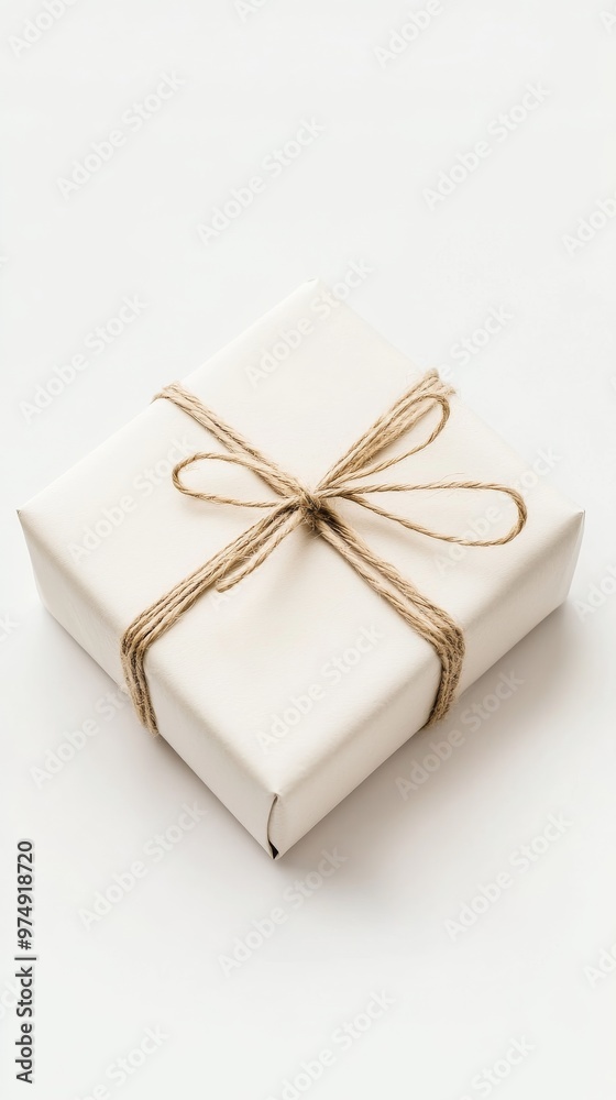 Gift box wrapped in white paper with twine on white background Gift box wrapped in white paper with twine on white background