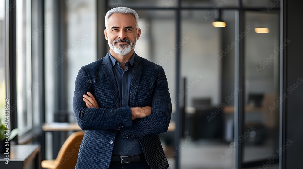 Naklejka premium Portrait of a Confident Middle-Aged Man in a Blue Blazer