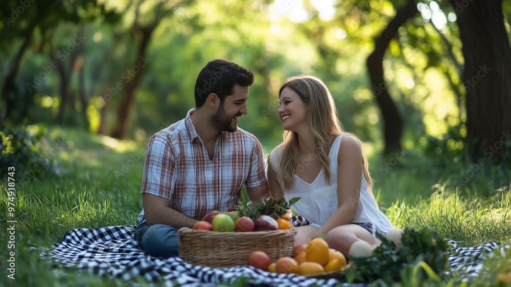 Picnic in the Park, a couple enjoying a picnic in a lush park Picnic in the Park, a couple enjoying a picnic in a lush park