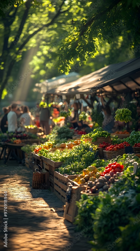 Obraz premium A vibrant farmers market scene with colorful stalls of fresh produce, surrounded by nature and people savoring the moment in soft focus