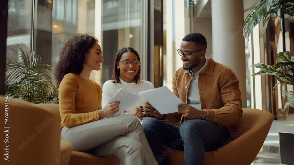 Three colleagues smiling and discussing documents while sitting on a couch Three colleagues smiling and discussing documents while sitting on a couch