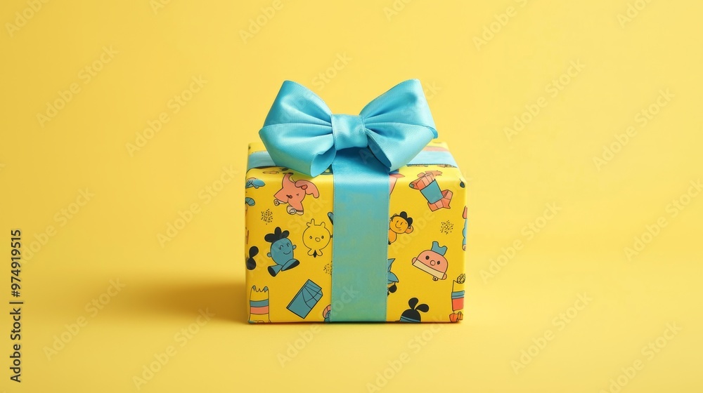 Festive Cartoon Gift Box with Blue Bow on Pastel Yellow Background - Perfect for Banners and Posters Festive Cartoon Gift Box with Blue Bow on Pastel Yellow Background - Perfect for Banners and Posters
