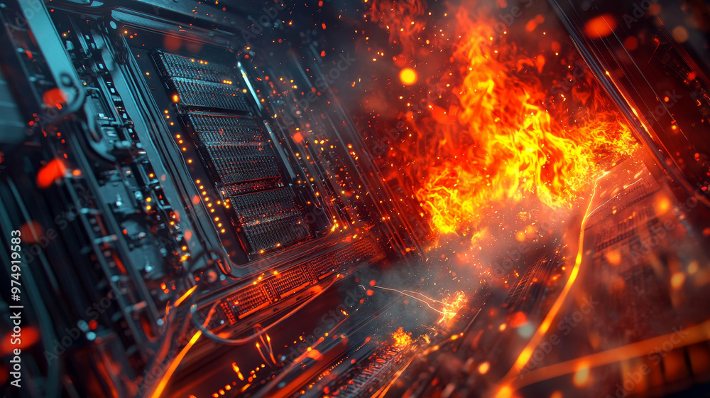 A fire engulfing data center, with cables glowing brightly amidst flames, creates dramatic and intense scene. vibrant colors and dynamic movement evoke sense of urgency and chaos A fire engulfing data center, with cables glowing brightly amidst flames, creates dramatic and intense scene. vibrant colors and dynamic movement evoke sense of urgency and chaos