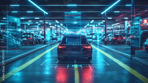 A futuristic car is parked in high tech parking garage, illuminated by vibrant blue lights and digital displays, showcasing advanced technology and innovation