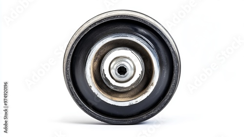 Isolated image of a caster wheel for an industrial trolley, with a metal and rubber roller on a white background with a clipping path